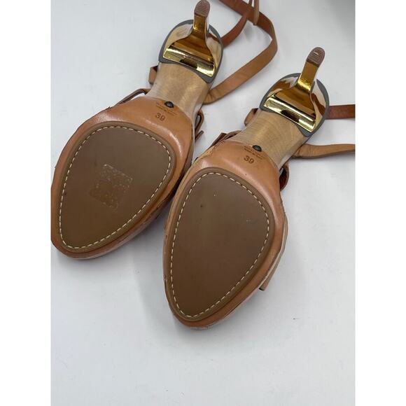 Lanvin 2012 ETE "Opanca" Tan Buckle Strap Gold Wood Platform Stilettos 39/8-8.5 - Picture 10 of 12